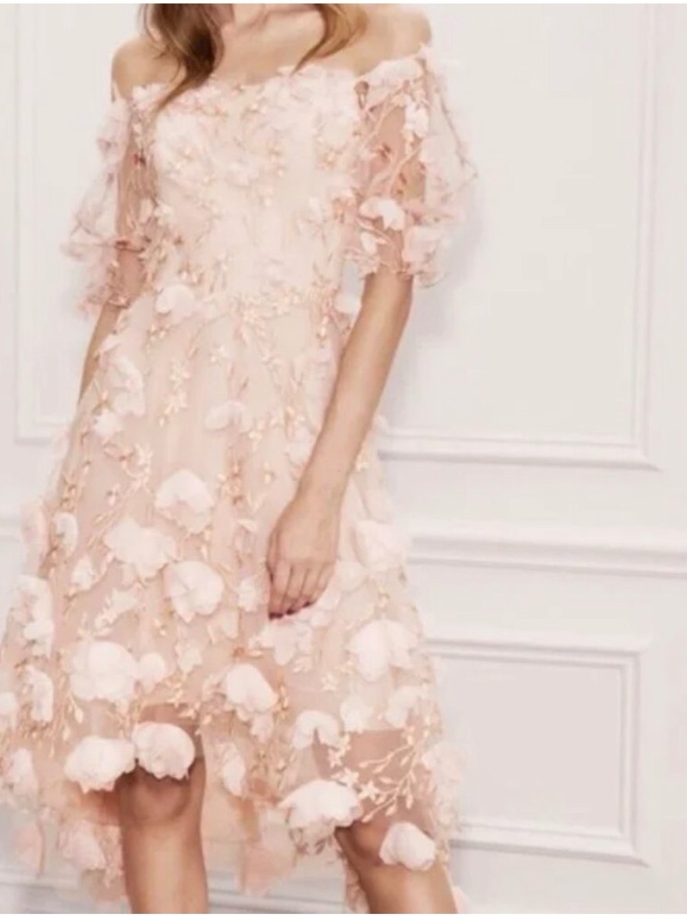 Marchesa Notte 3D Appliqué Hi-Low Dress